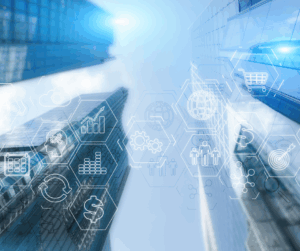 Futuristic skyscrapers with digital icons representing cloud security, data analytics, and enterprise identity management solutions