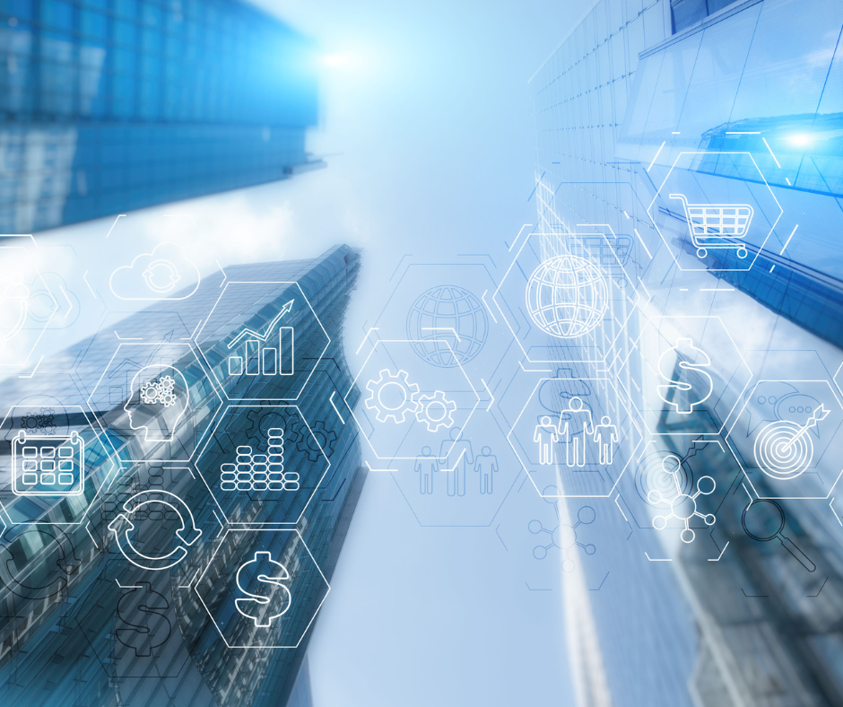 Futuristic skyscrapers with digital icons representing Identity Governance Solutions