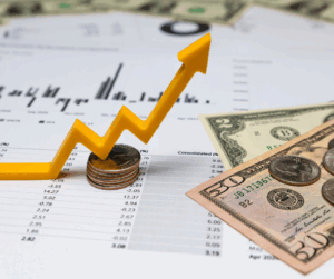 Financial charts with coins, paper money, and upward arrow symbolizing growth and IAM-driven SOX compliance