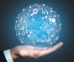 A man holds a globe with many different icons, symbolizing the many considerations of Federated Identity Management 