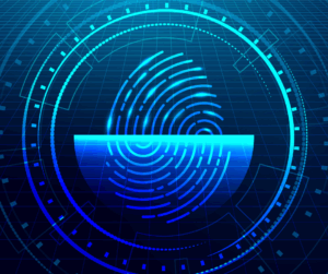 Futuristic fingerprint scanning interface illustrating advanced identity proofing technologies referenced in NIST SP 800-63 Rev. 4.