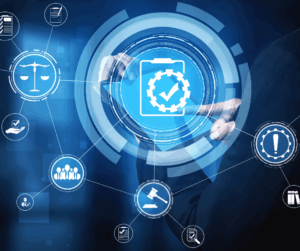 Businessperson pointing to a glowing digital compliance icon surrounded by legal and security symbols on a blue background.