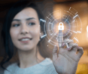 Woman puts finger on a lock symbol, symbolizing IAM security on AWS