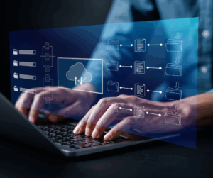 Laptop screen displaying secure digital folders and centralized access to enterprise documents via identity management