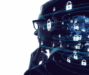 Business professional in profile overlaid with digital padlocks and global network graphics, symbolizing strategic cybersecurity planning.