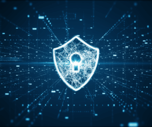 Glowing digital shield with a lock icon representing secure student data protection and cybersecurity measures required for FERPA compliance.