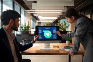 People looking at a desktop discussing Unified Identity Protection