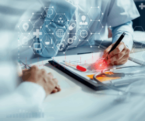 Healthcare professional verifying patient identity using digital credentials or biometric authentication