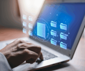 User accessing cloud file systems on a laptop with a digital interface showing data folders and cloud upload/download architecture