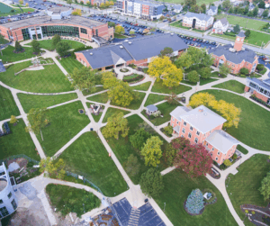 Aerial view of a college campus protecting by secure IAM measures