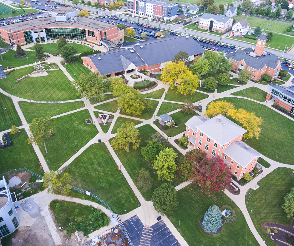 Aerial view of a college campus protected by secure IAM measures