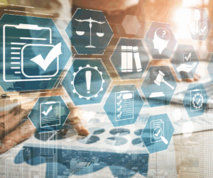 Overlay of icons representing regulations, checklists, legal standards, and risk management over a blurred city and business background