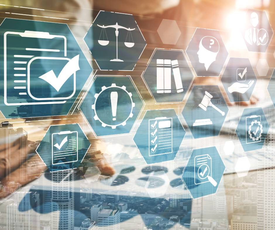 Overlay of icons representing regulations, checklists, legal standards, and risk management over a blurred city and business background