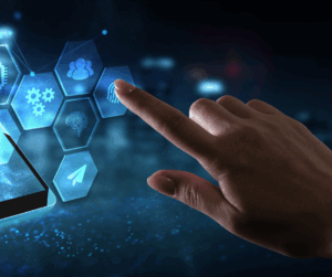 Hand interacting with a digital interface featuring biometric fingerprint scan, user roles, and automation icons for access control