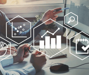 Business professionals analyzing financial graphs with security and compliance icons, symbolizing IAM’s role in data protection