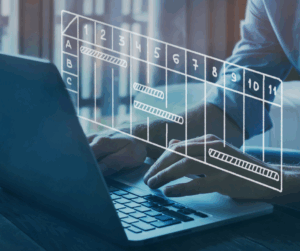 Person typing on a laptop with an overlay of a digital project schedule, representing secure workflow coordination.