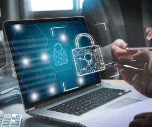 Laptop displaying digital padlocks, representing secure online storage of student education records in compliance with FERPA regulations.