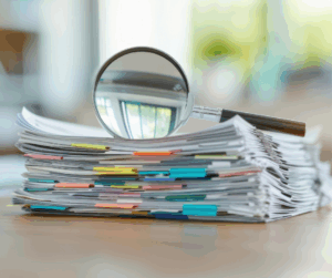 A magnifying glass sits atop a stack of documents to ensure IAM compliance