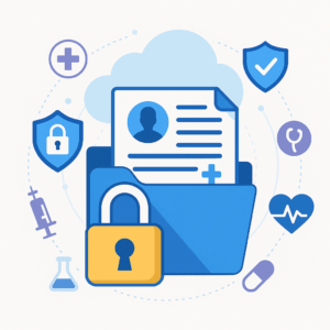 Lock, shield, folder & medical record.