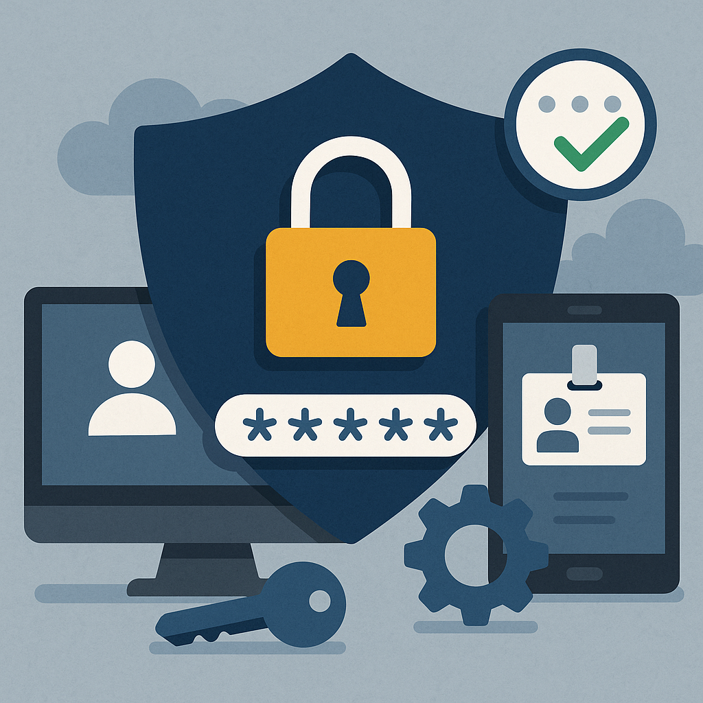 user icon, shield, cloud security.