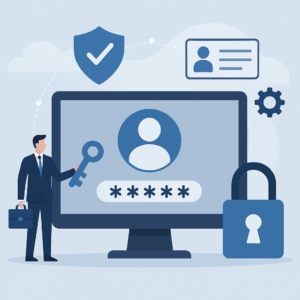 Blue shield with lock, surrounded by icons for key, user, cloud, and gear.