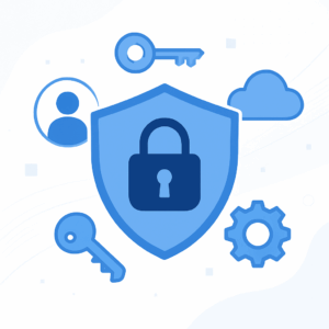 A lock icon surrounded by a cloud, keys, and a user icon, symbolizing the integrated nature of Federated Identity Management 