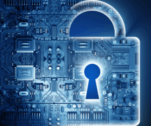 Digital padlock integrated with circuit board technology, symbolizing secure identity management and access control.
