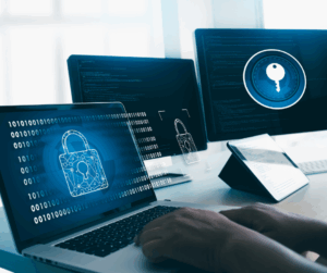 Cybersecurity specialist managing identity management systems with multiple computer screens showing padlocks and encryption keys.