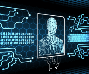 Abstract digital human profile with binary code and circuit lines, representing identity management and user authentication.