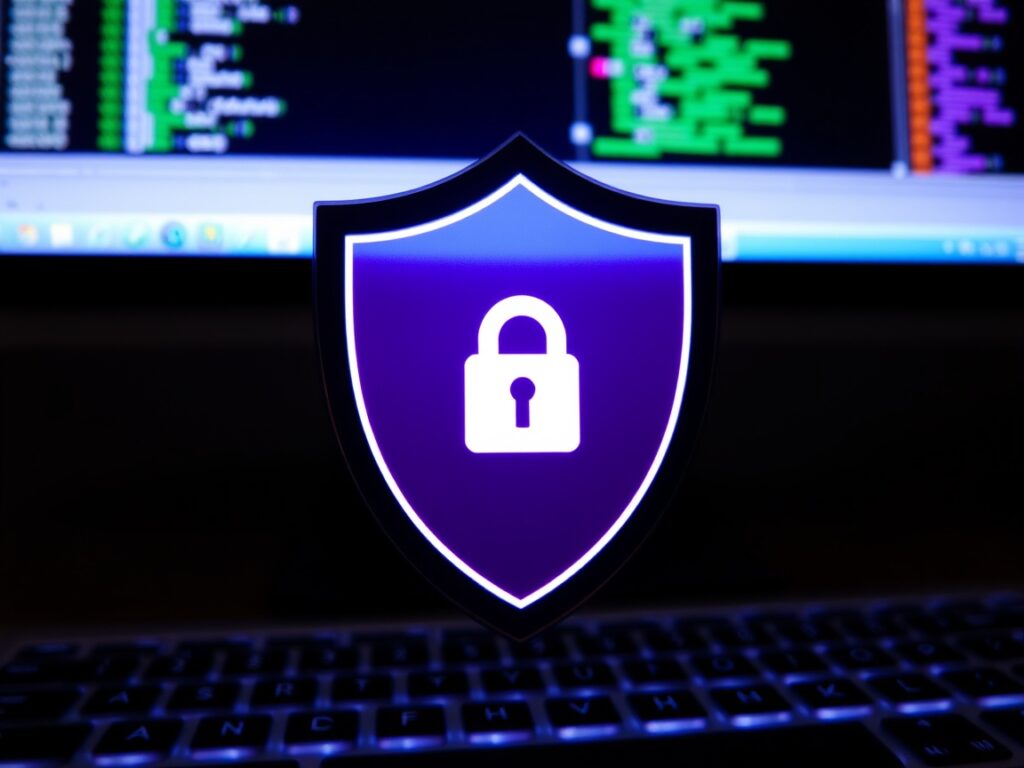 A shield with a lock symbol in front of a computer screen